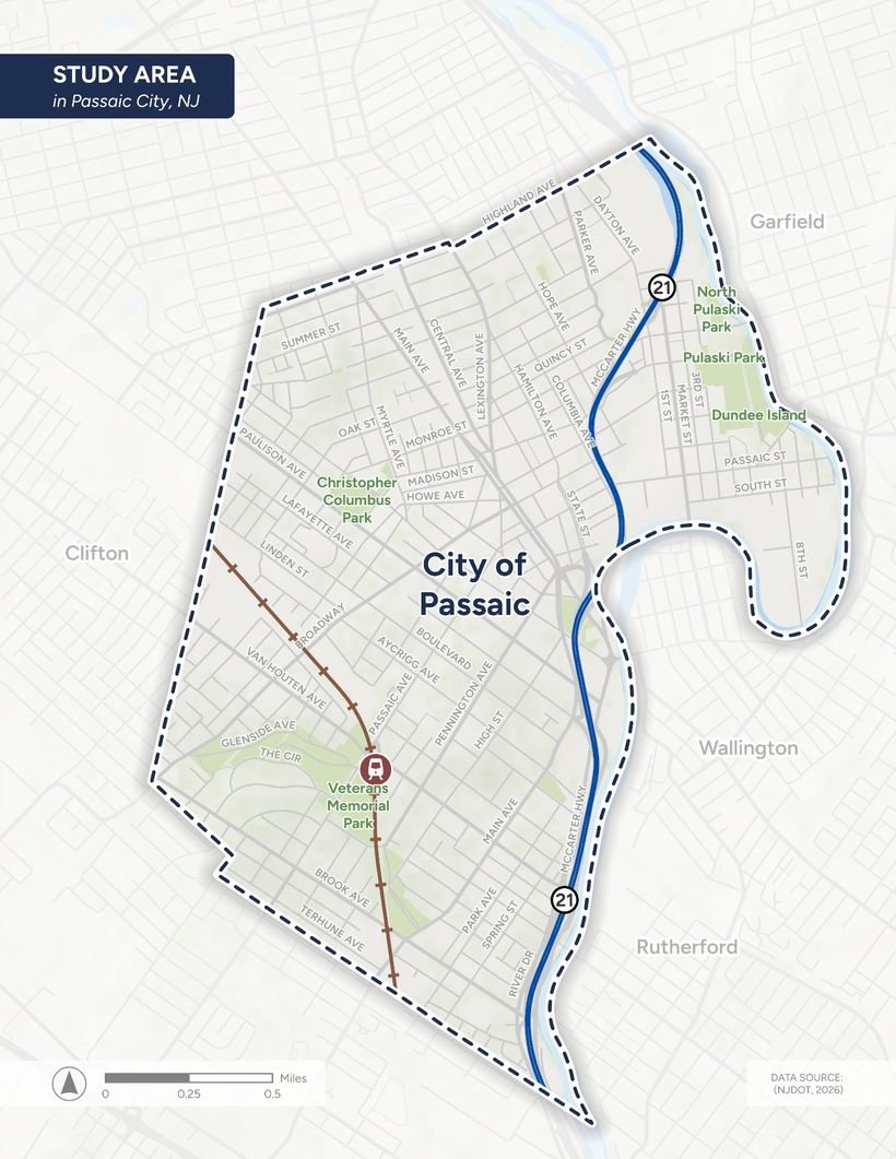 Study area map: the entire City of Passaic, bounded by Clifton, Garfield, Wallington and Rutherford, with the Passaic River and Route 21 on the east side.